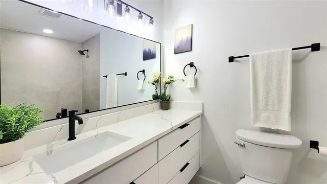 a bathroom with a sink a toilet and with mirror
