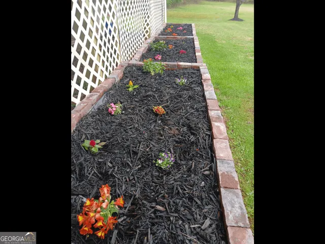 a view of a chair and table in the garden