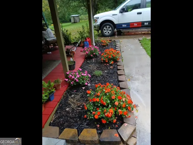 a green field with flowers in front of it