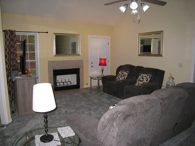 a living room with furniture and a fireplace