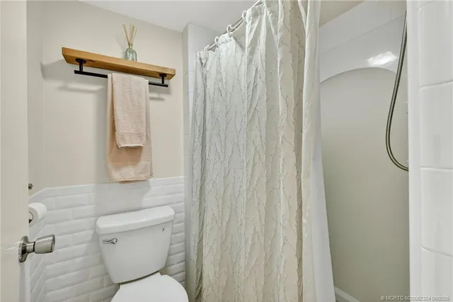 a white toilet sitting next to a shower curtain
