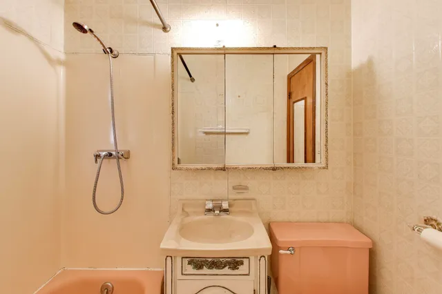 a bathroom with a sink a vanity and a shower