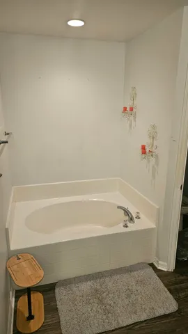 a bathroom with a bathtub