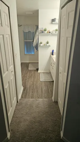 a view of walk in closet with wooden floor and a bathroom