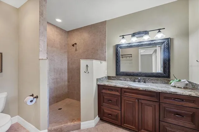 a bathroom with a granite countertop sink a mirror and a shower