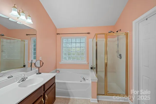 a bathroom with a tub sink shower and two mirror