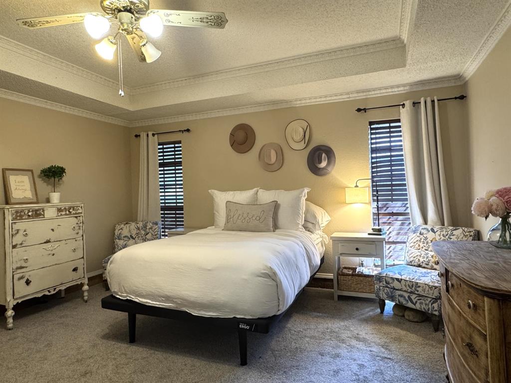 113 Northeast Timber Ridge Drive Burleson, TX 76028 - Photo 21 of 36 Primary RETREAT is privately SPLIT from other bedrooms... ceiling fan with light fixture, wall-to-wall carpeting, window with blinds and drapes, and neutral wall paint