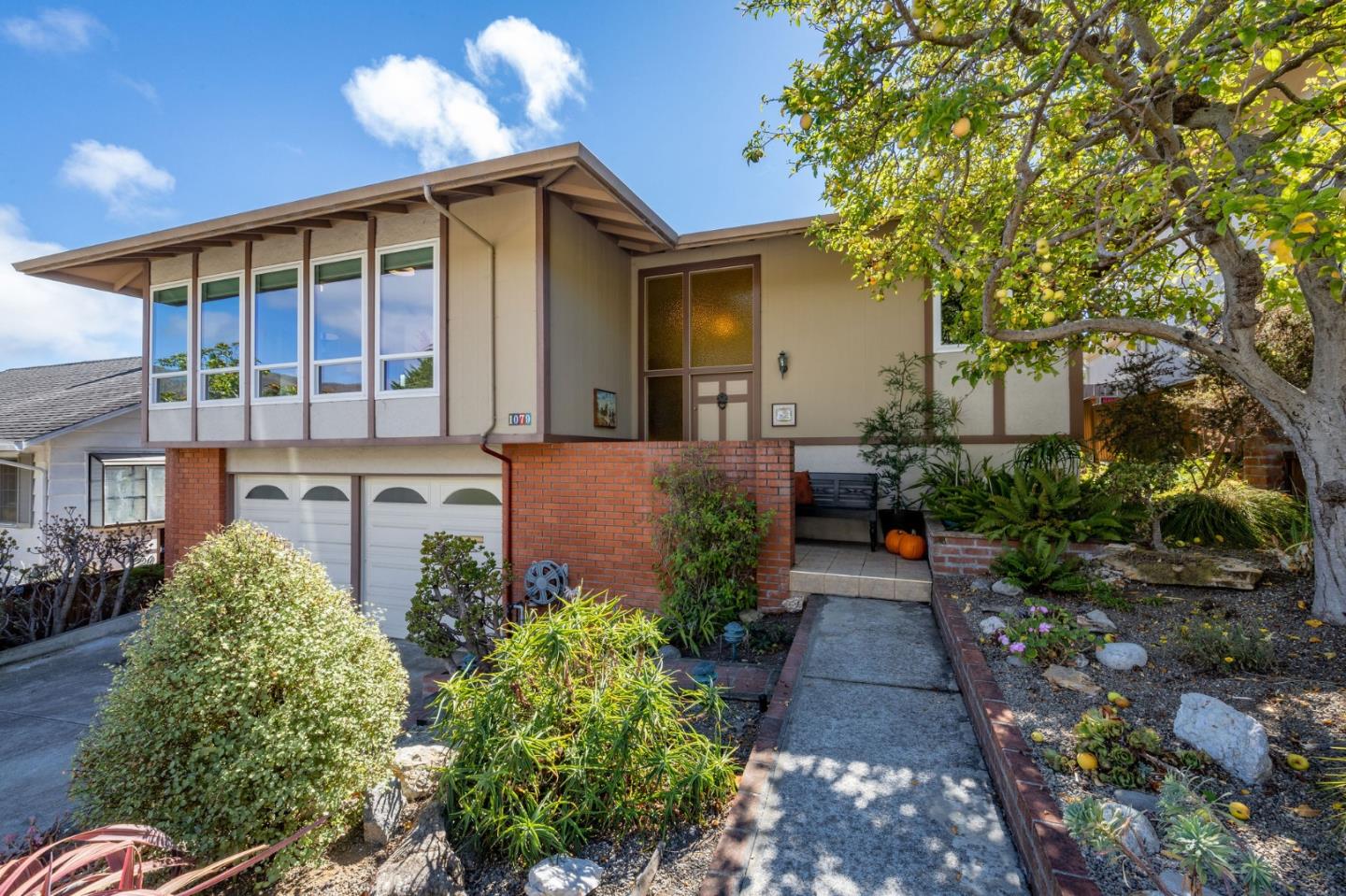 a front view of a house with garden
