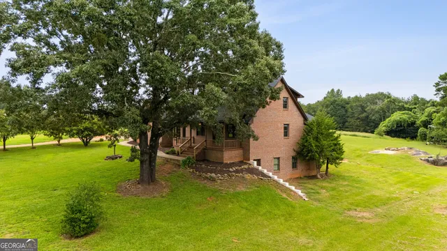 a view of a backyard with large tree and a small yard