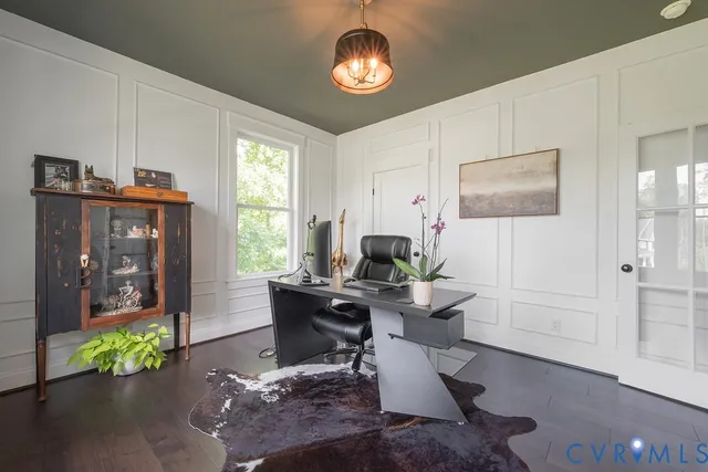 a workspace with wooden floor