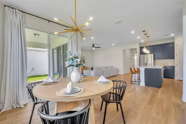 a view of a dining room with furniture
