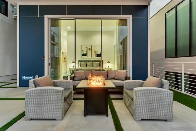 a building outdoor space with patio furniture