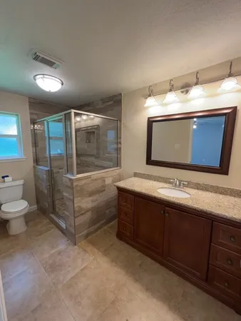 a bathroom with a sink a toilet and mirror