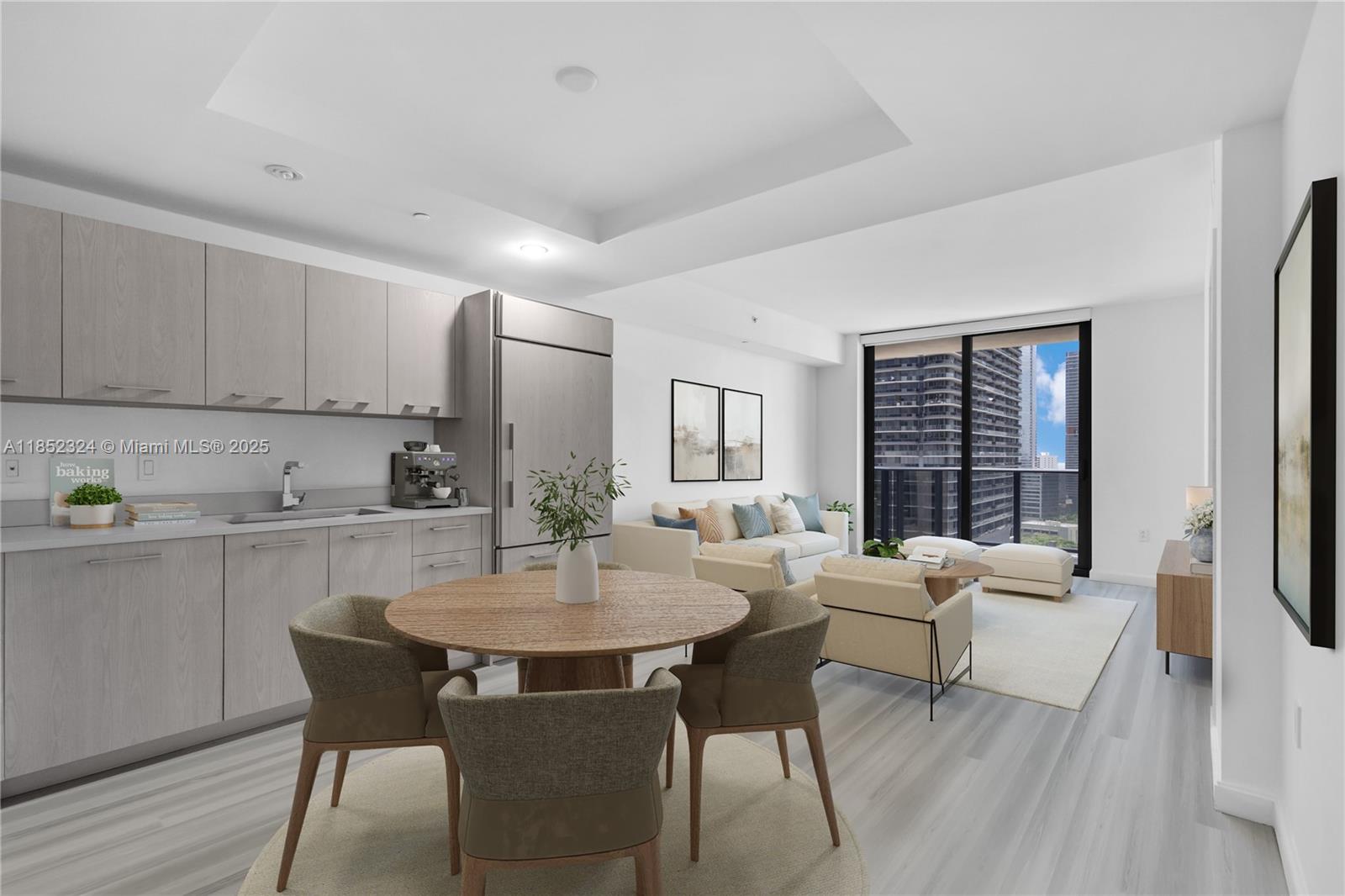 a kitchen with a dining table chairs and white appliances