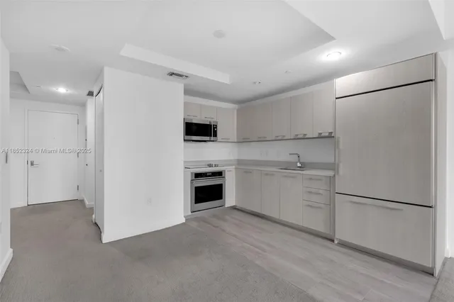 a kitchen with white cabinets and white appliances