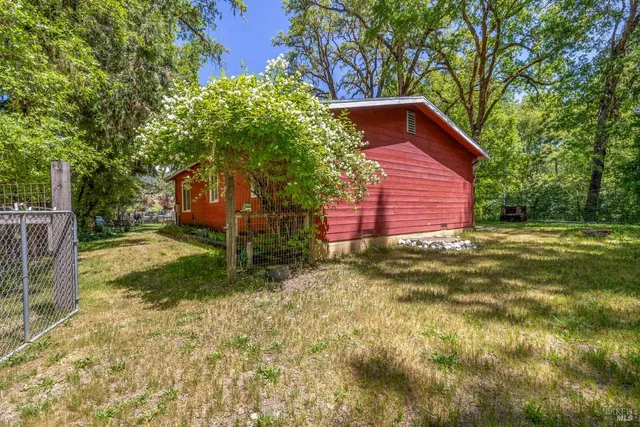 a view of a yard in front of a house with a large tree