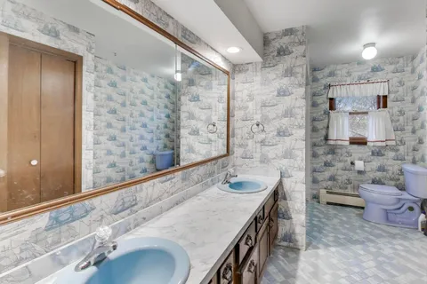 a bathroom with a granite countertop sink a toilet and shower