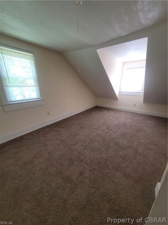 863 Urbanna Road Saluda, VA 23149 - Photo 16 of 24 Additional living space featuring dark colored carpet, plenty of natural light, and vaulted ceiling
