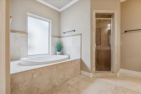 a bathroom with a bathtub and a shower