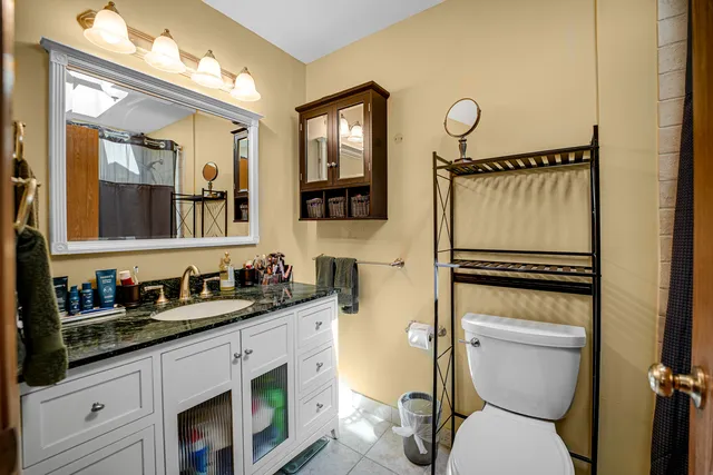 a bathroom with a toilet a sink and mirror