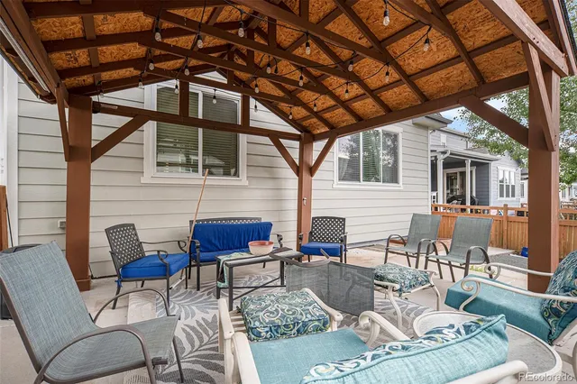 a building outdoor space with patio furniture