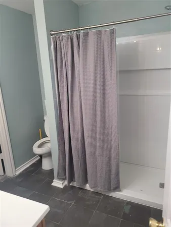 a bathroom with a shower and a toilet