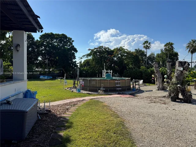 a view of a backyard with swimming pool