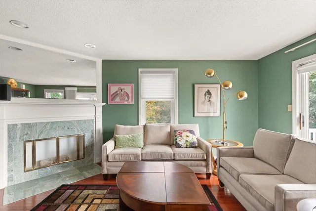 a living room with furniture and a fireplace