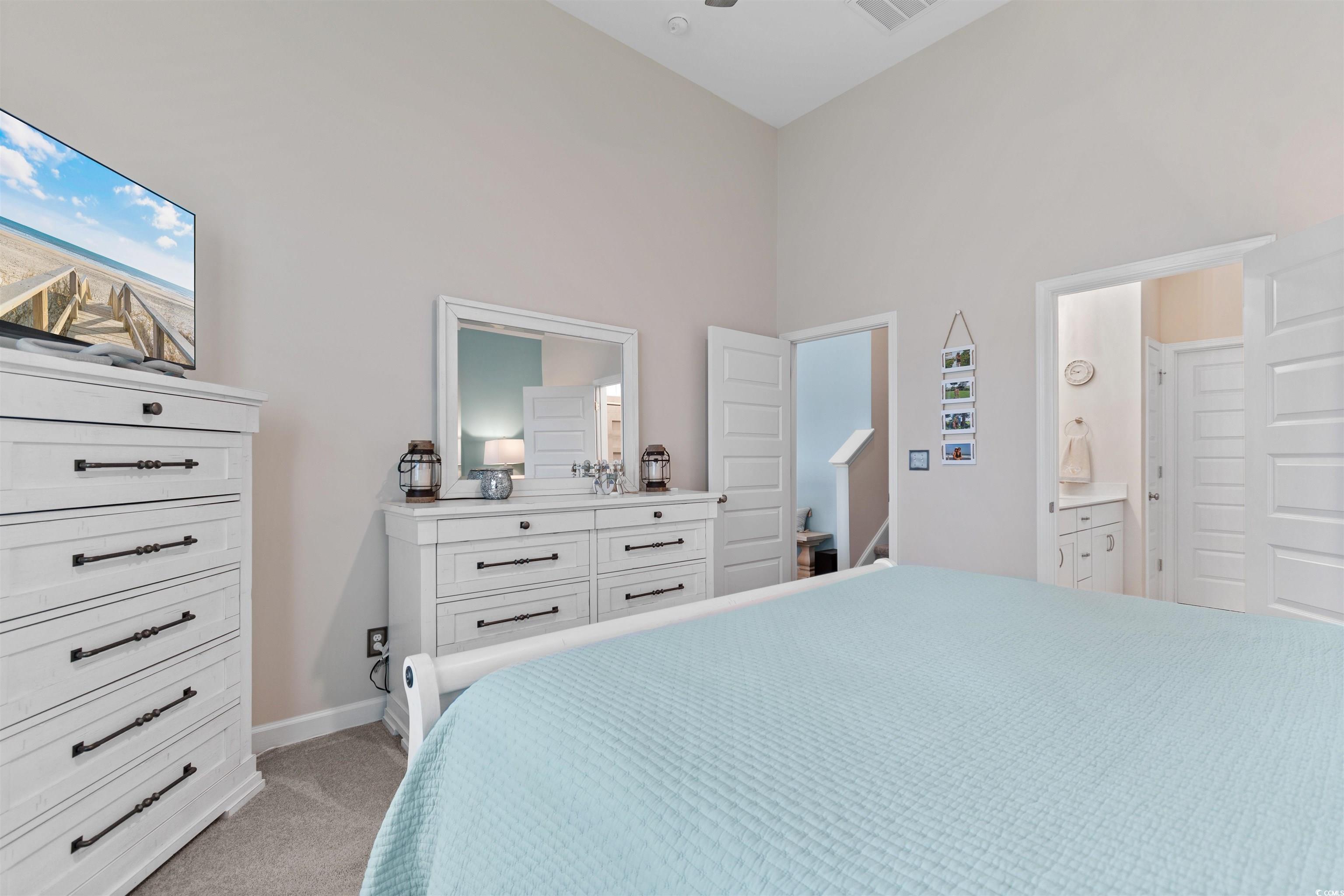 240 Sundew Loop Little River, SC 29566 - Photo 15 of 40 Bedroom with light carpet, a towering ceiling, and ensuite bathroom