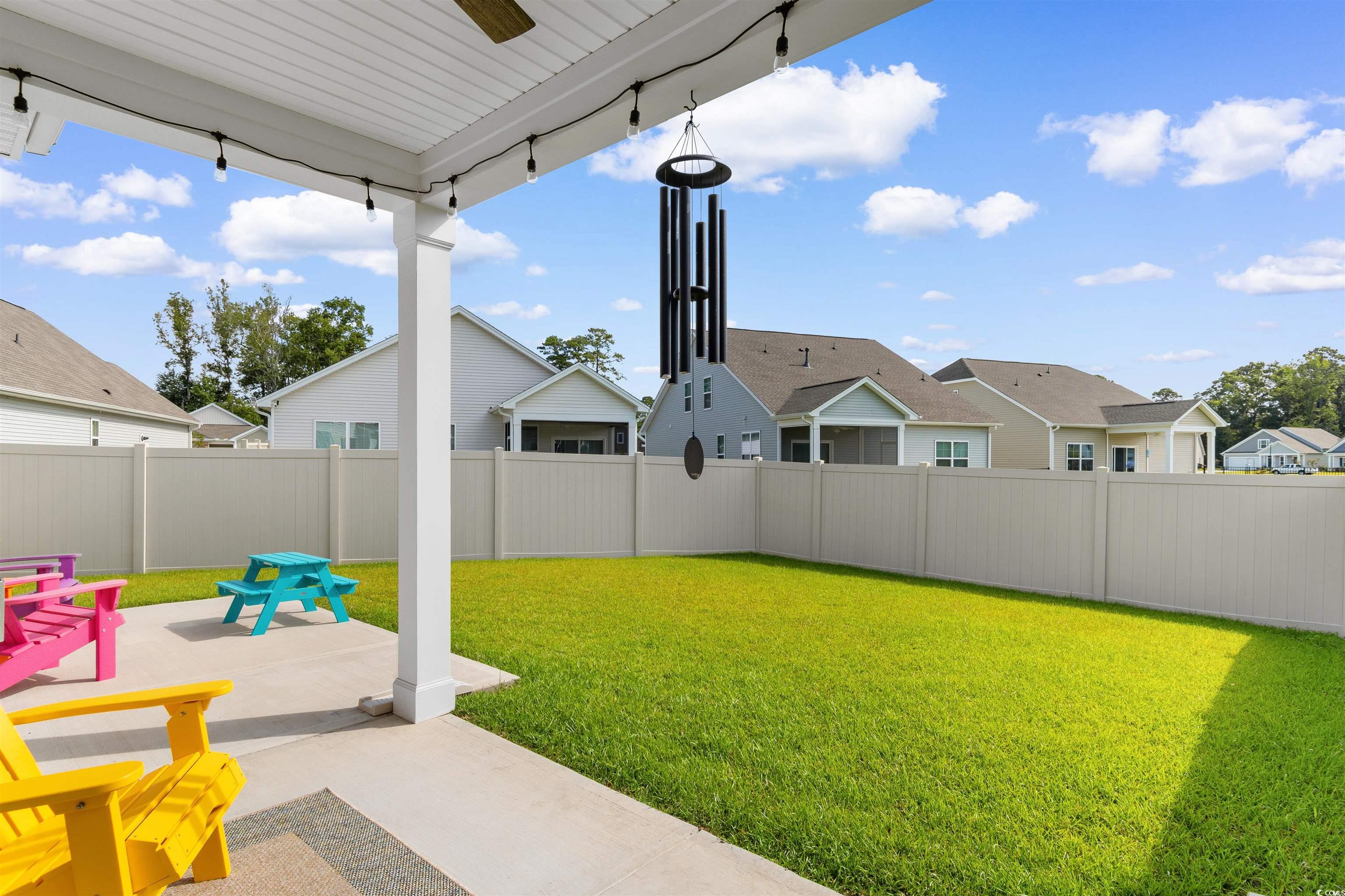 240 Sundew Loop Little River, SC 29566 - Photo 28 of 40 Fenced backyard featuring a patio area, ceiling fan, and a residential view