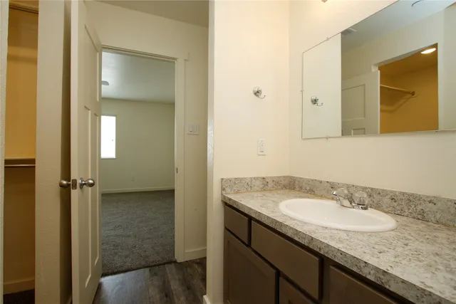a bathroom with a granite countertop sink and a mirror
