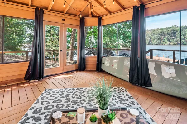 a view of a room with a large window