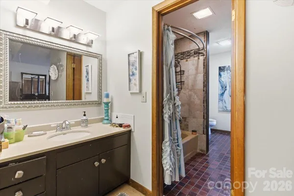 a bathroom with a sink a mirror and a shower