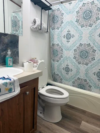 a bathroom with a sink toilet and mirror