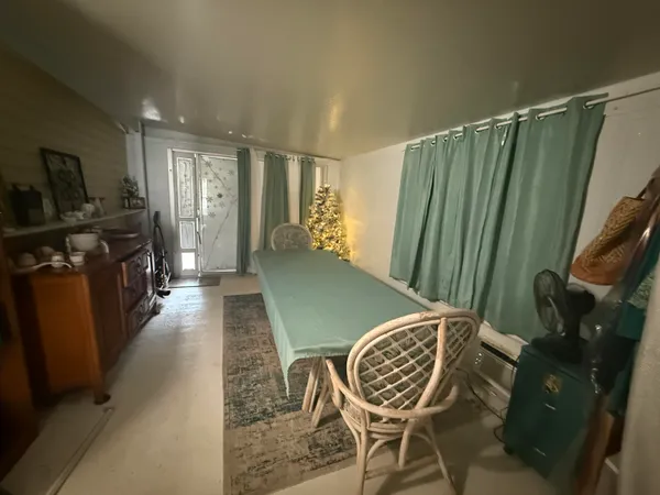 a balcony with chairs