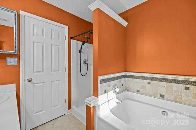 a bathroom with a bathtub and shower