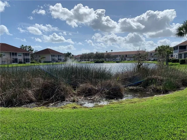 a view of a lake with a yard in front of it