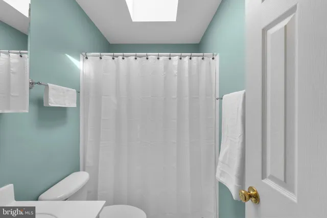 a bathroom with a shower curtain and a toilet