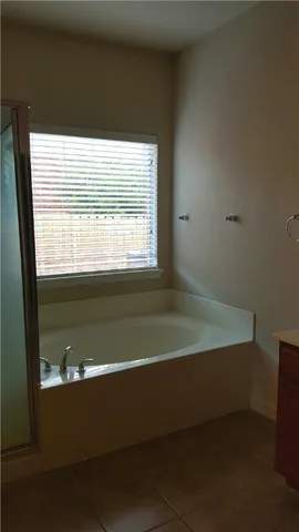 a bathroom with a tub sink and mirror