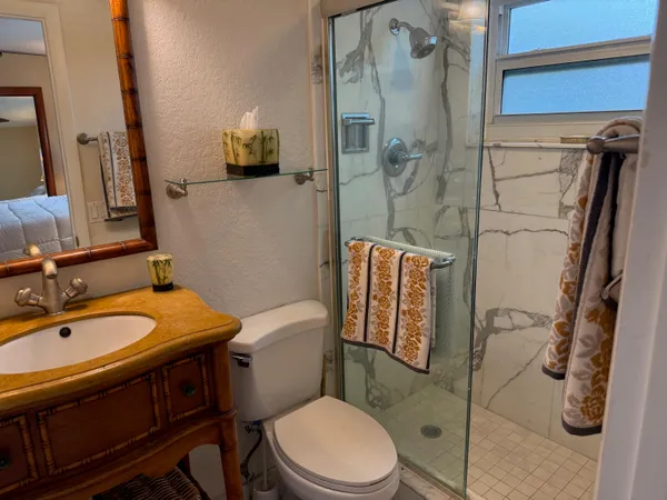 a bathroom with a sink toilet and shower