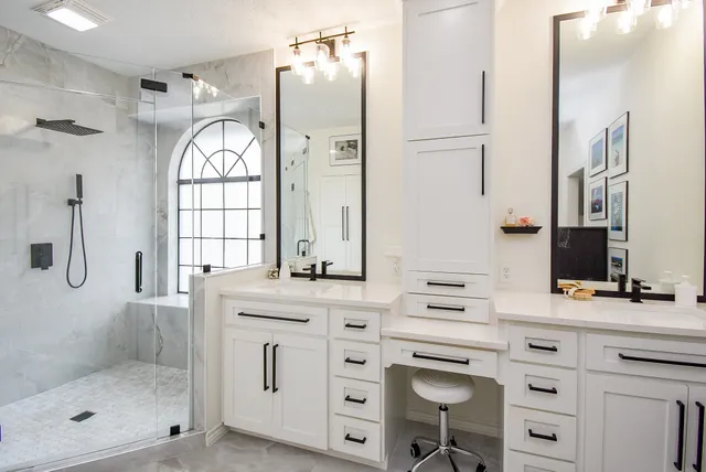 a spacious bedroom with a shower