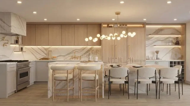 a kitchen with a dining table chairs stainless steel appliances and cabinets