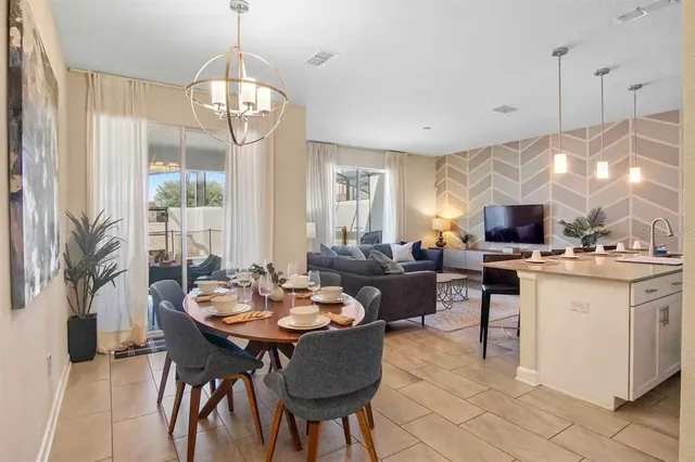 a view of a dining room with furniture window and outside view