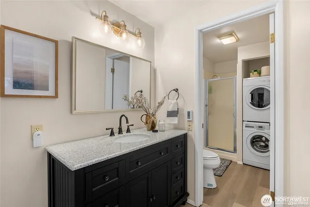 a bathroom with a sink vanity and a toilet