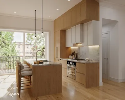 a kitchen with kitchen island a stove a sink a refrigerator wooden floor and a large window