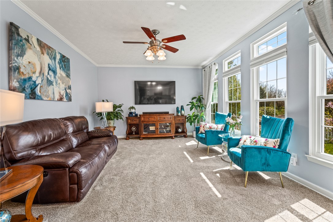 55 Janney Lane Springboro, OH 45066 - Photo 8 of 38 This bright living area features ample natural light, soft carpet, and elegant crown molding.
