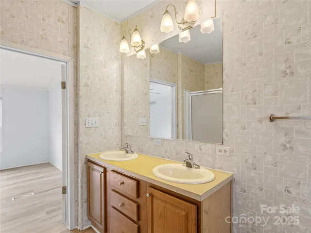 a bathroom with a sink a mirror and a shower