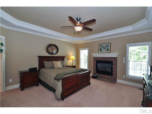 4209 White Chapel Way Raleigh, NC 27615 - Photo 12 of 25 The master bedroom is a retreat worth escaping to! It features trey ceiling, neutral carpet, design paint scheme, gas log fireplace, and upgraded ceiling fan.