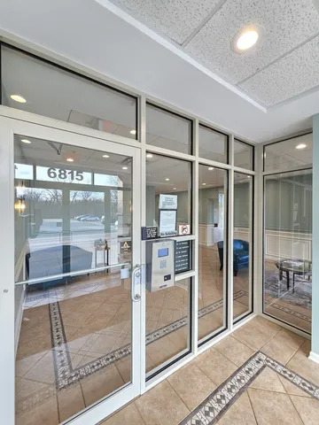 a room with glass door