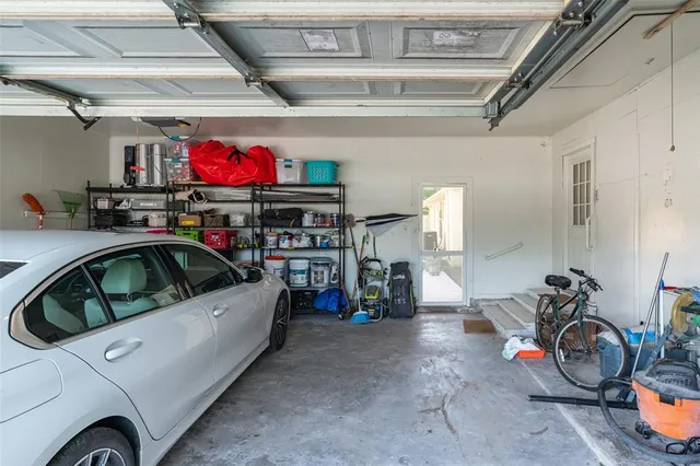 a view of a garage with storage